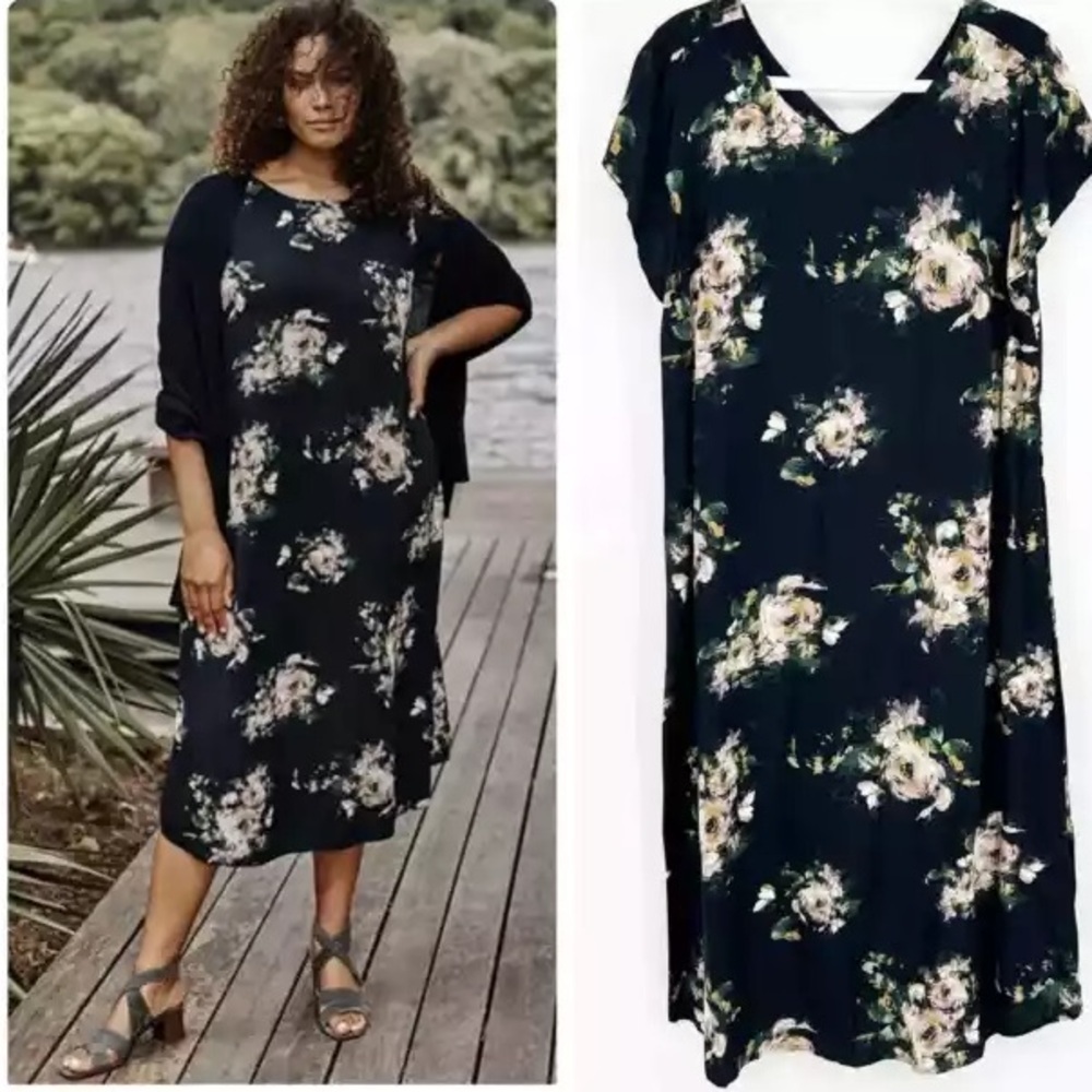 J. Jill Women's Midi Dress Large Black Floral Lightweight Oversized Contemporary